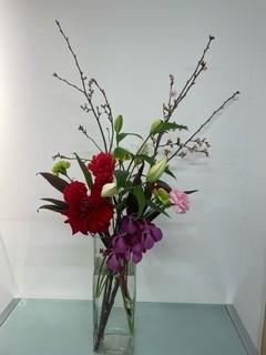 ３月１２日のアスレティックのエントランスの花（陽光桜とダリア純愛の君）